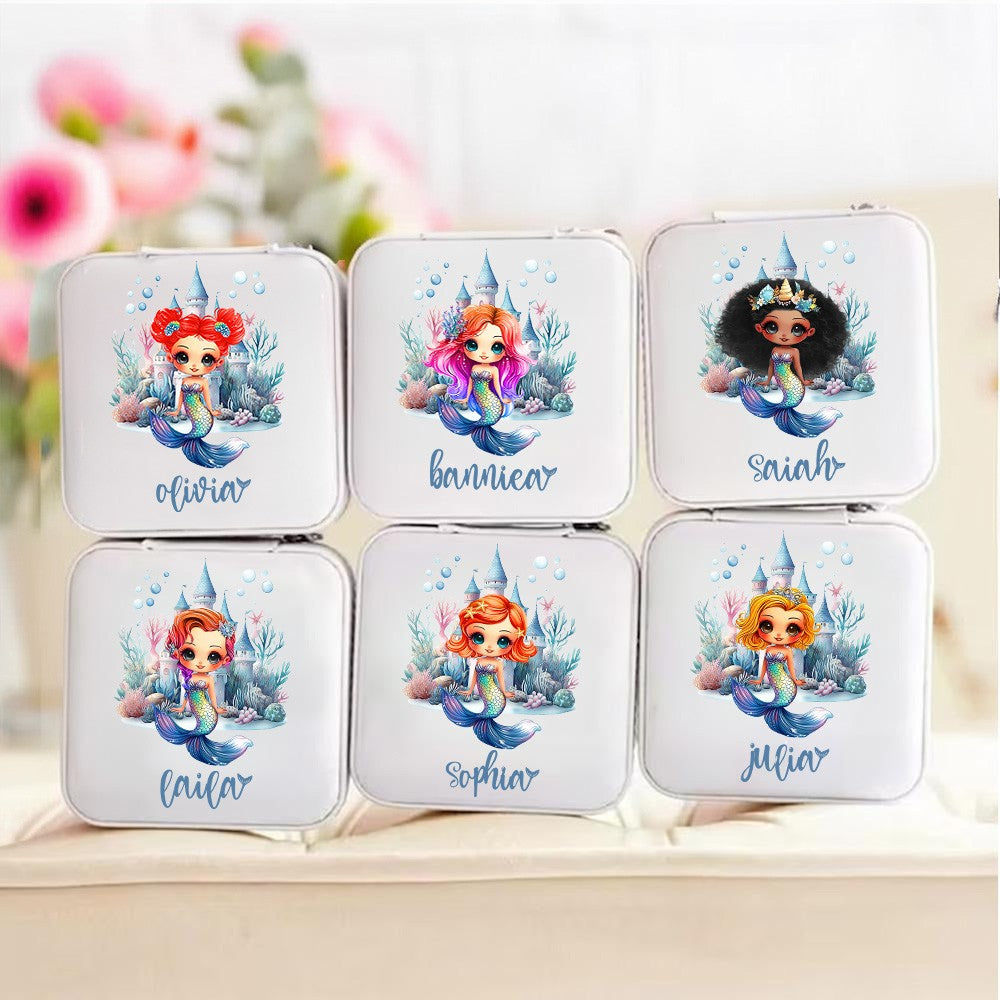 Personalized Cartoon Mermaid Castle Travel Jewelry Case, Multi-compartments Leather Jewelry Organizer for Necklace/Bracelet/Ring, Gift for Women/Her