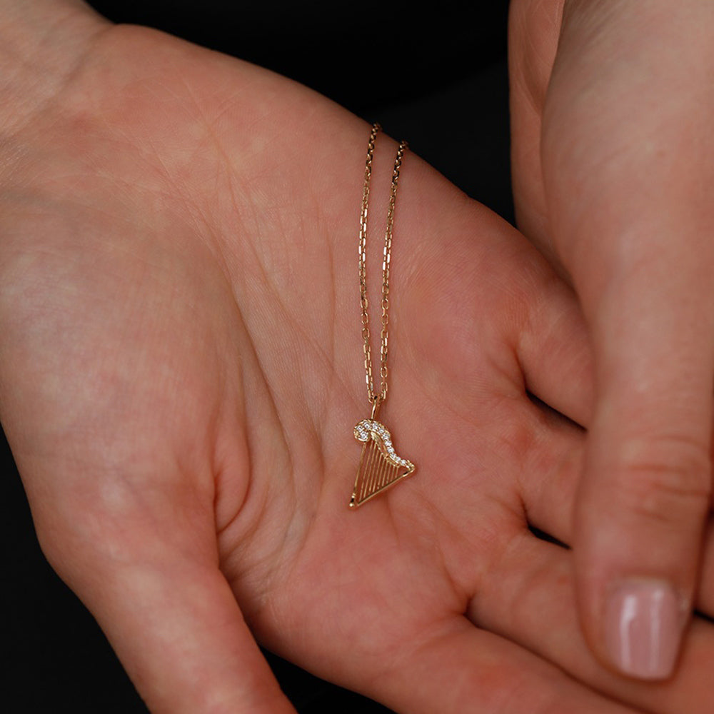 Gold Harp Pendant Necklace with Crystal Detail, Elegant Minimalist Jewelry for Women