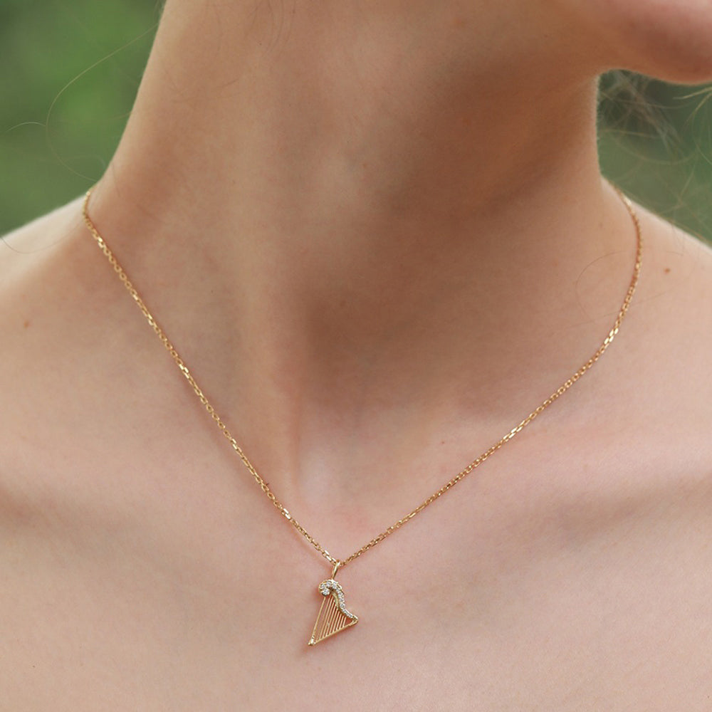 Gold Harp Pendant Necklace with Crystal Detail, Elegant Minimalist Jewelry for Women