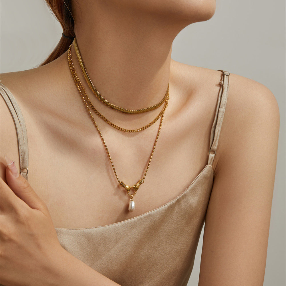 Gold Layered Hand of Protection Necklace with Faux Pearl Pendant , Elegant Women's Jewelry