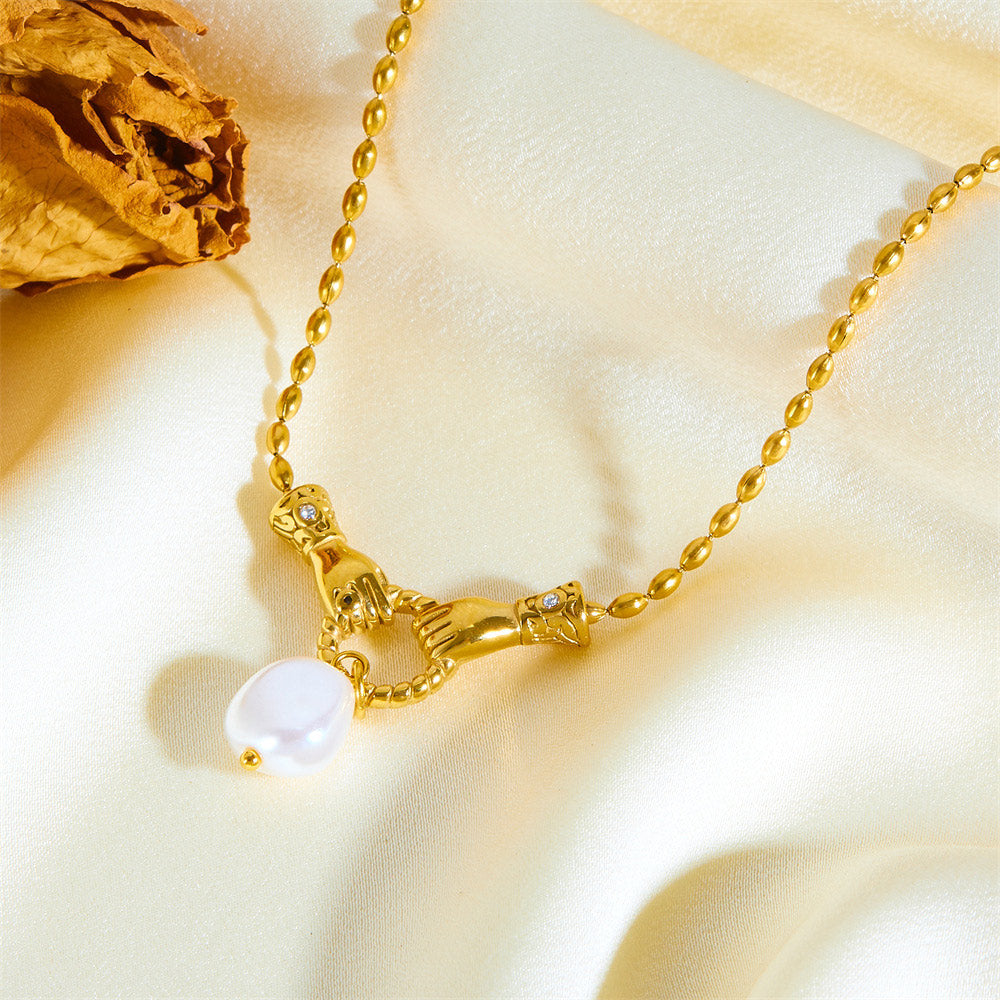 Gold Layered Hand of Protection Necklace with Faux Pearl Pendant , Elegant Women's Jewelry