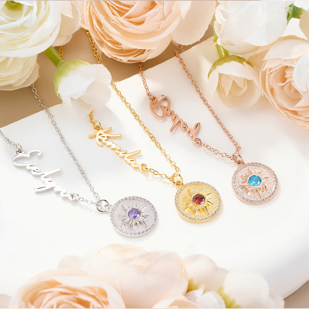 Personalized Dainty Sun Necklace with Birthstone, Customized Sideway Name Sterling Silver Necklace, Women's Jewelry, Gift for Mom/Girlfriend/Daughter