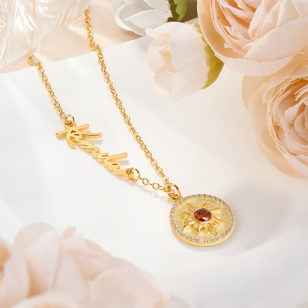 Personalized Dainty Sun Necklace with Birthstone, Customized Sideway Name Sterling Silver Necklace, Women's Jewelry, Gift for Mom/Girlfriend/Daughter