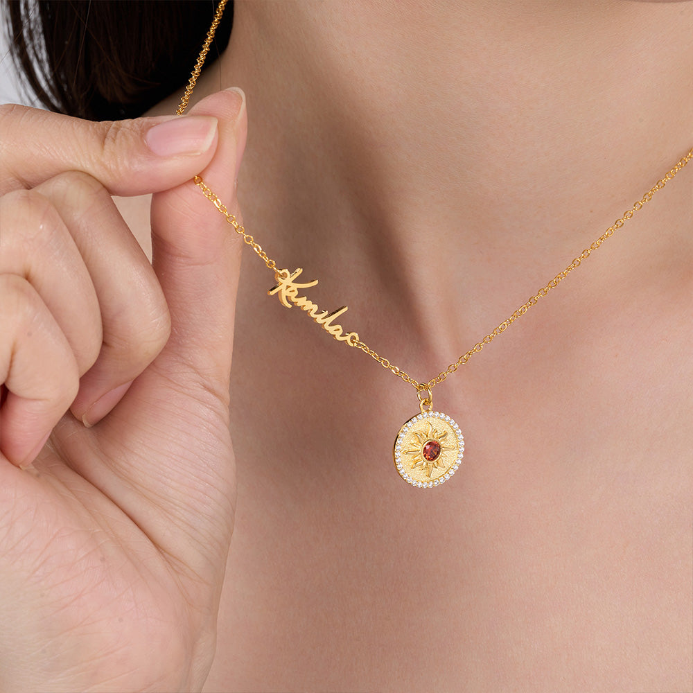 Personalized Dainty Sun Necklace with Birthstone, Customized Sideway Name Sterling Silver Necklace, Women's Jewelry, Gift for Mom/Girlfriend/Daughter