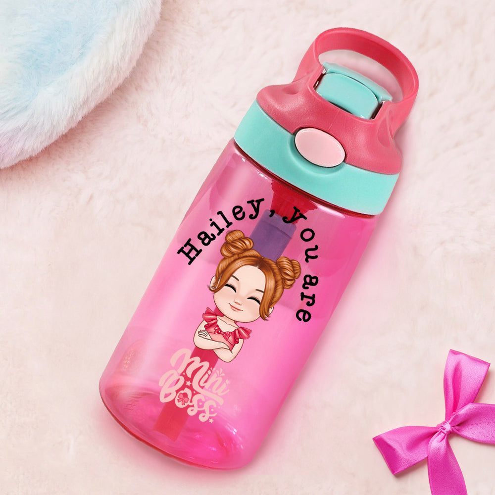 Personalized You Are Mini Boss Cartoon Kid Water Bottle with Name, Kid Cup with Silicone Straw & Handle, Outdoor Accessories, Gifts for Boys/Girls