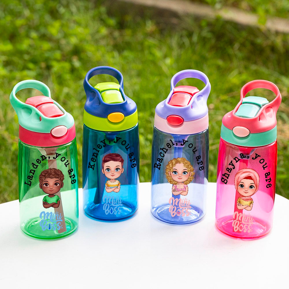 Personalized You Are Mini Boss Cartoon Kid Water Bottle with Name, Kid Cup with Silicone Straw & Handle, Outdoor Accessories, Gifts for Boys/Girls