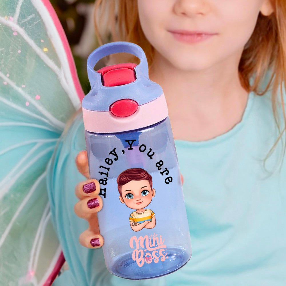 Personalized You Are Mini Boss Cartoon Kid Water Bottle with Name, Kid Cup with Silicone Straw & Handle, Outdoor Accessories, Gifts for Boys/Girls