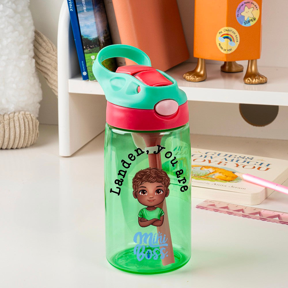 Personalized You Are Mini Boss Cartoon Kid Water Bottle with Name, Kid Cup with Silicone Straw & Handle, Outdoor Accessories, Gifts for Boys/Girls