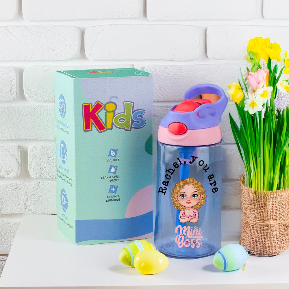 Personalized You Are Mini Boss Cartoon Kid Water Bottle with Name, Kid Cup with Silicone Straw & Handle, Outdoor Accessories, Gifts for Boys/Girls