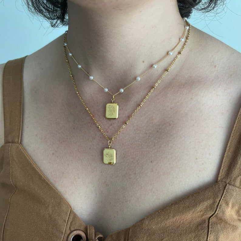 18K GOLD Birth Month Flower Necklace Birth Flower Square Zodiac Lotus Floral Pendant WATERPROOF Jewelry Birthday Gift for Her