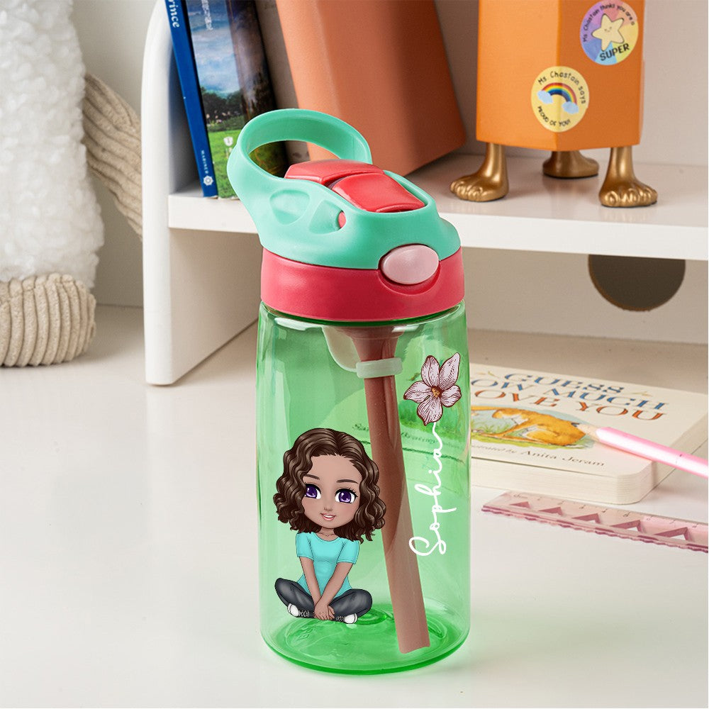 Personalized Cartoon Character Water Bottle with Birth Flower & Name, 16oz Kid Cup with Silicone Straw & Handle, Back to School/Birthday Gift for Kids