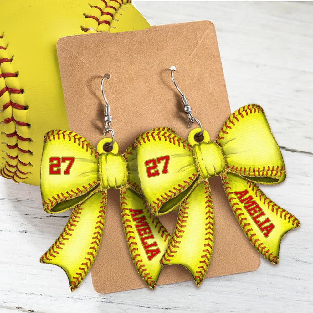 Personalized Name and Number Sports Ball Bow Earrings, Custom Acrylic Sports Jewelry, Birthday/Appreciation Gift for Sports Players/Coaches/Teammates