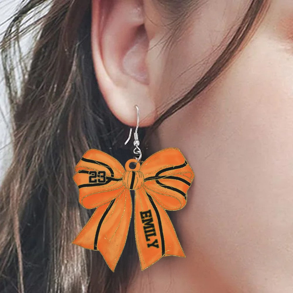 Personalized Name and Number Sports Ball Bow Earrings, Custom Acrylic Sports Jewelry, Birthday/Appreciation Gift for Sports Players/Coaches/Teammates
