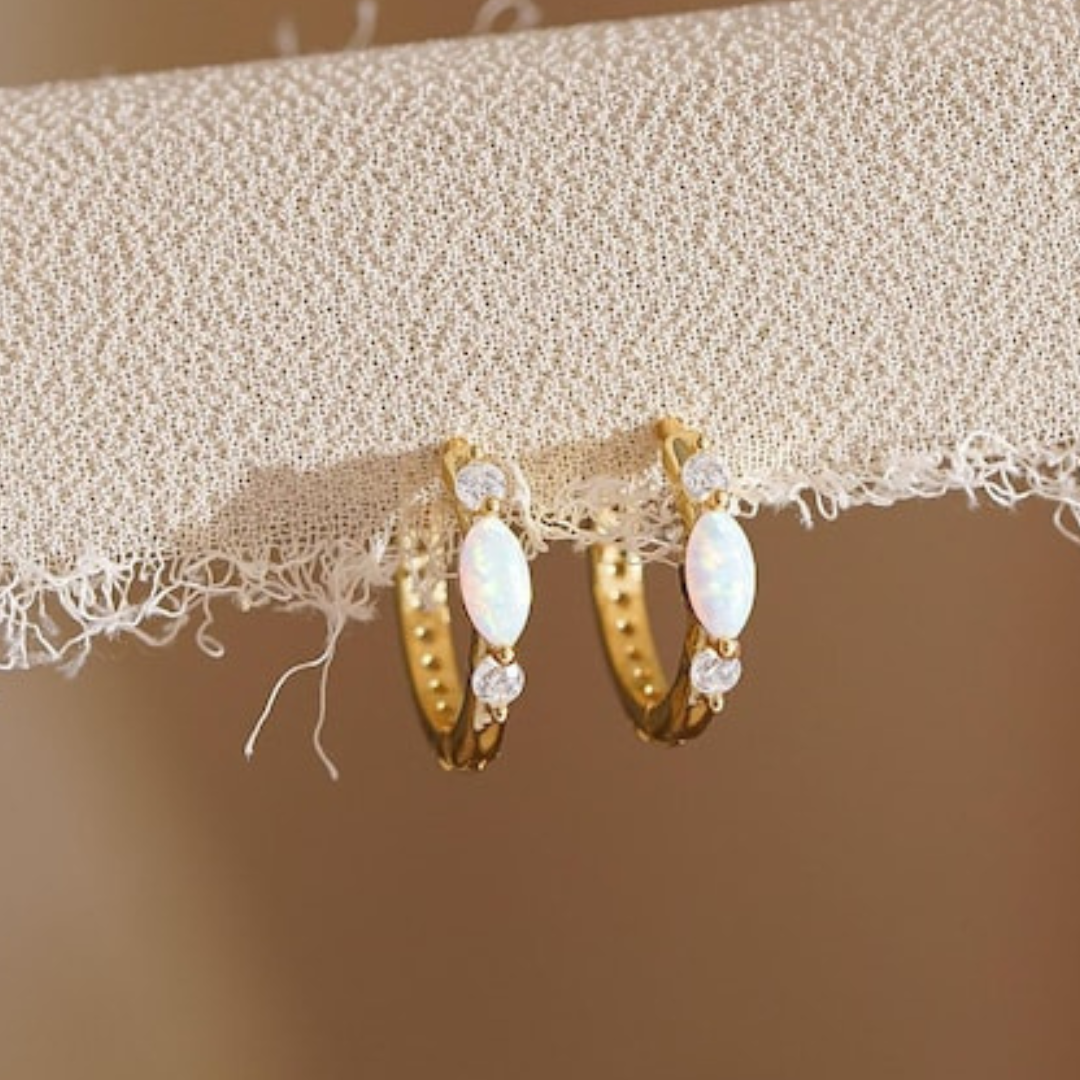 Minimalist Opal Huggie Hoop Earring , White Opal Earrings, Sterling Silver Opal Huggie Hoop Earrings, Dainty Hoop Earrings, Christmas Gifts
