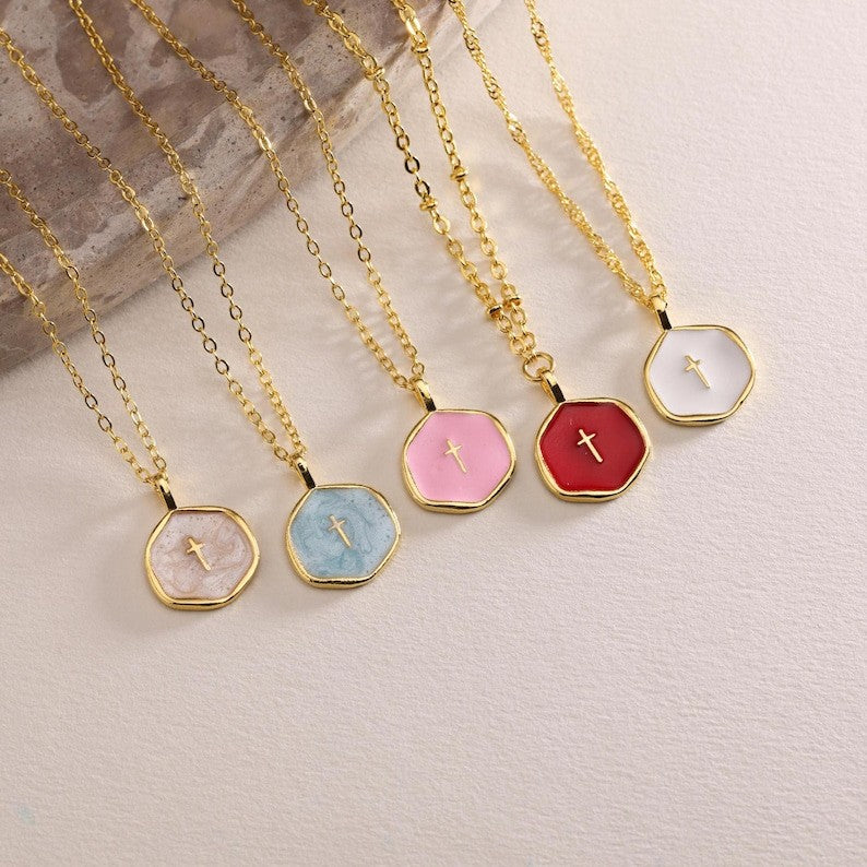 Gold Enamel Mini Cross Necklace, Tiny Cross Necklace, Religious Necklace, Enamel Necklace, Christian Gift for her, Christmas Gift
