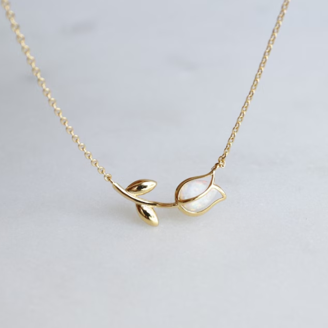 Dainty Enclosed Opal Tulip Wrap Necklace, Simple, Gold, Silver Elegant Aesthetic, Minimal Jewelry, bridesmaid, Delicate, Layering Her Gift