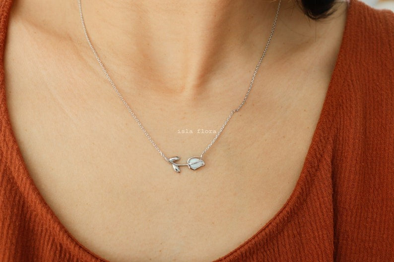 Dainty Enclosed Opal Tulip Wrap Necklace, Simple, Gold, Silver Elegant Aesthetic, Minimal Jewelry, bridesmaid, Delicate, Layering Her Gift