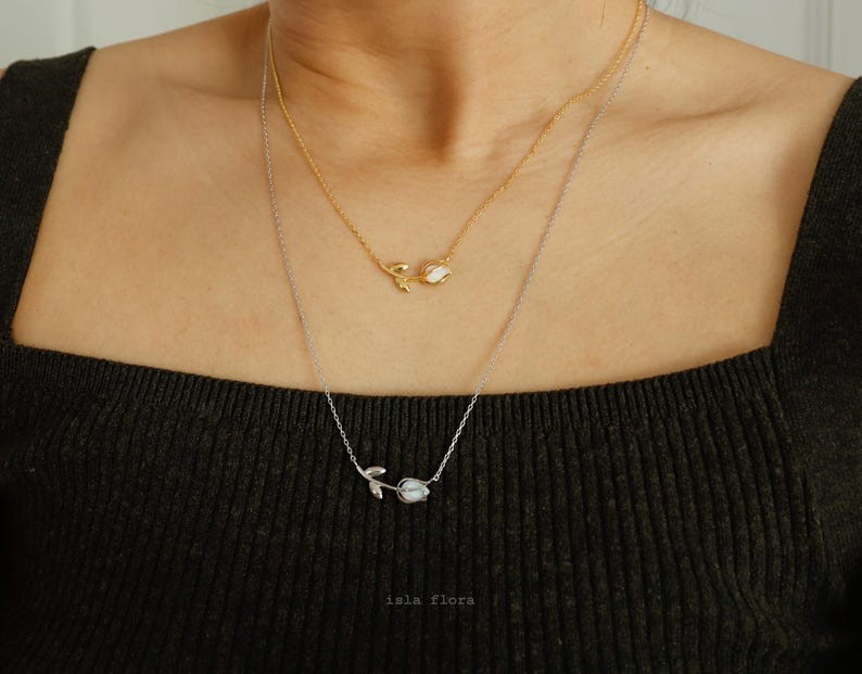 Dainty Enclosed Opal Tulip Wrap Necklace, Simple, Gold, Silver Elegant Aesthetic, Minimal Jewelry, bridesmaid, Delicate, Layering Her Gift