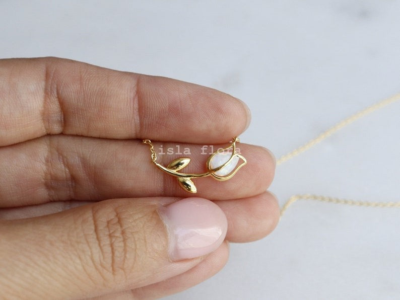 Dainty Enclosed Opal Tulip Wrap Necklace, Simple, Gold, Silver Elegant Aesthetic, Minimal Jewelry, bridesmaid, Delicate, Layering Her Gift