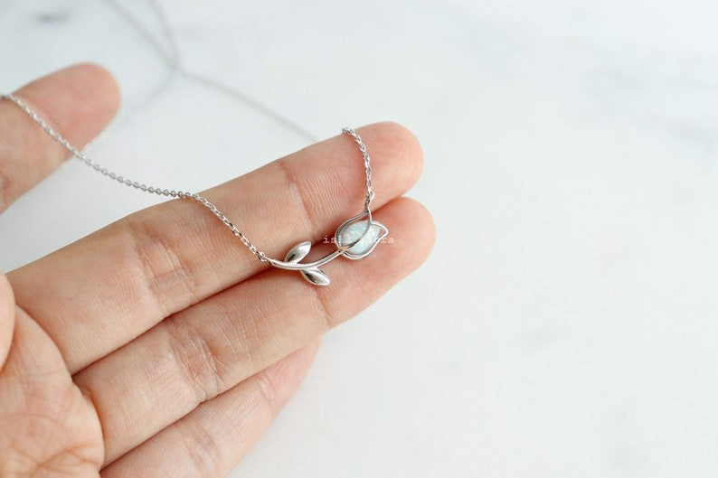 Dainty Enclosed Opal Tulip Wrap Necklace, Simple, Gold, Silver Elegant Aesthetic, Minimal Jewelry, bridesmaid, Delicate, Layering Her Gift