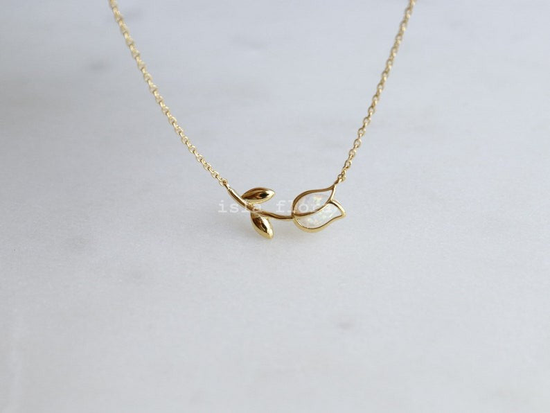 Dainty Enclosed Opal Tulip Wrap Necklace, Simple, Gold, Silver Elegant Aesthetic, Minimal Jewelry, bridesmaid, Delicate, Layering Her Gift