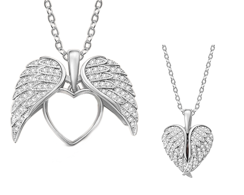 Custom CZ Heart Shape Angel Wing Necklace with Photo, Heart Picture Pendant Necklace, Angel Wings Memorial Valentines Birthday Gift, Gifts for Women