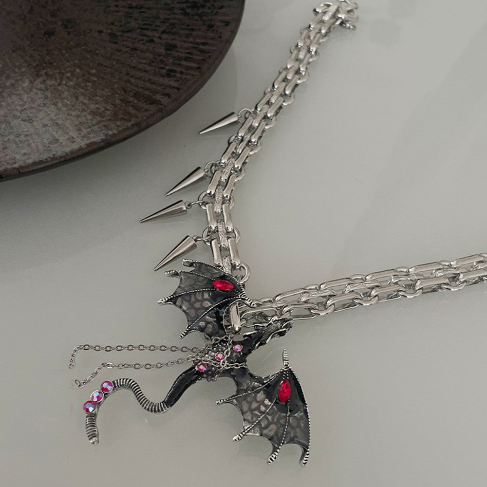 Gothic Dragon Pendant Necklace – Punk Chain Choker with Red Gem Wings & Spikes, Fantasy Jewelry for Women