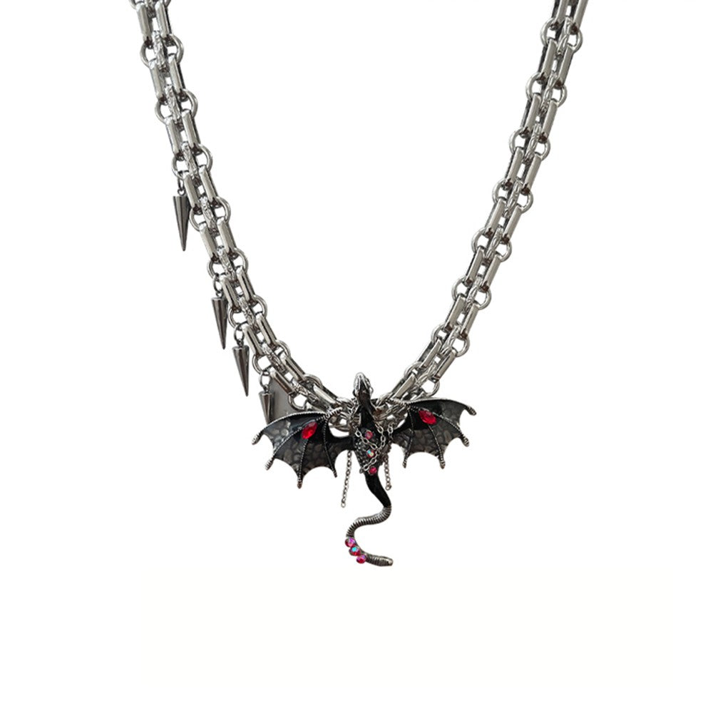 Gothic Dragon Pendant Necklace – Punk Chain Choker with Red Gem Wings & Spikes, Fantasy Jewelry for Women