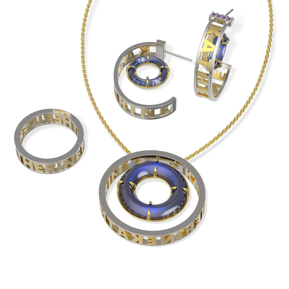 Personalized Crystal Name Jewelry Set – Custom Gold & Silver Circle Pendant, Earrings & Ring, Minimalist Gift for Women