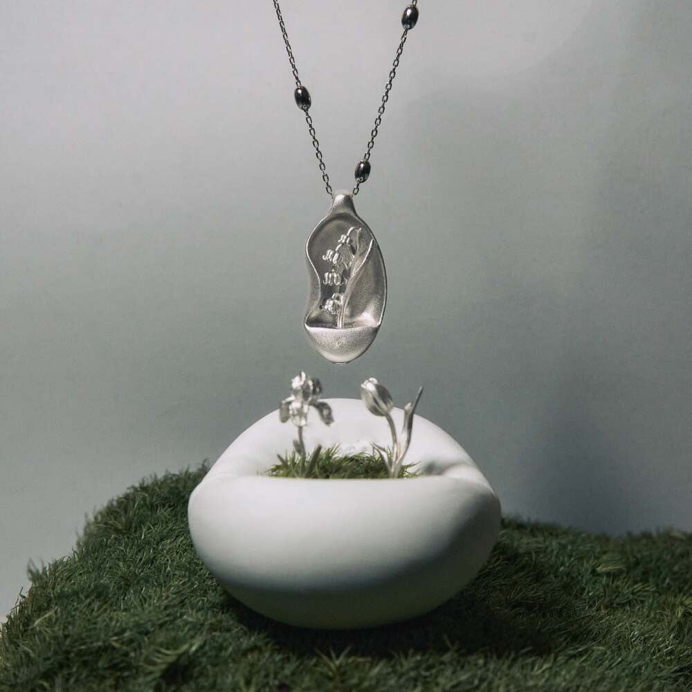 Interchangeable Flower Pendant Necklace – 925 Sterling Silver Stone Heart Seed with Tulip, Iris, or Lily of the Valley Options, Unique Botanical Jewelry