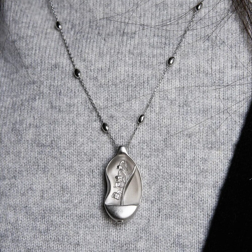 Interchangeable Flower Pendant Necklace – 925 Sterling Silver Stone Heart Seed with Tulip, Iris, or Lily of the Valley Options, Unique Botanical Jewelry