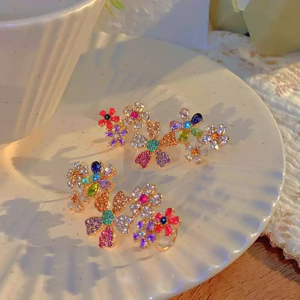 Colorful Crystal Flower Ear Cuff – Non-Pierced Cartilage Earrings, No Piercing Silver or Gold Ear Jewelry, Spiritual Gift for Her