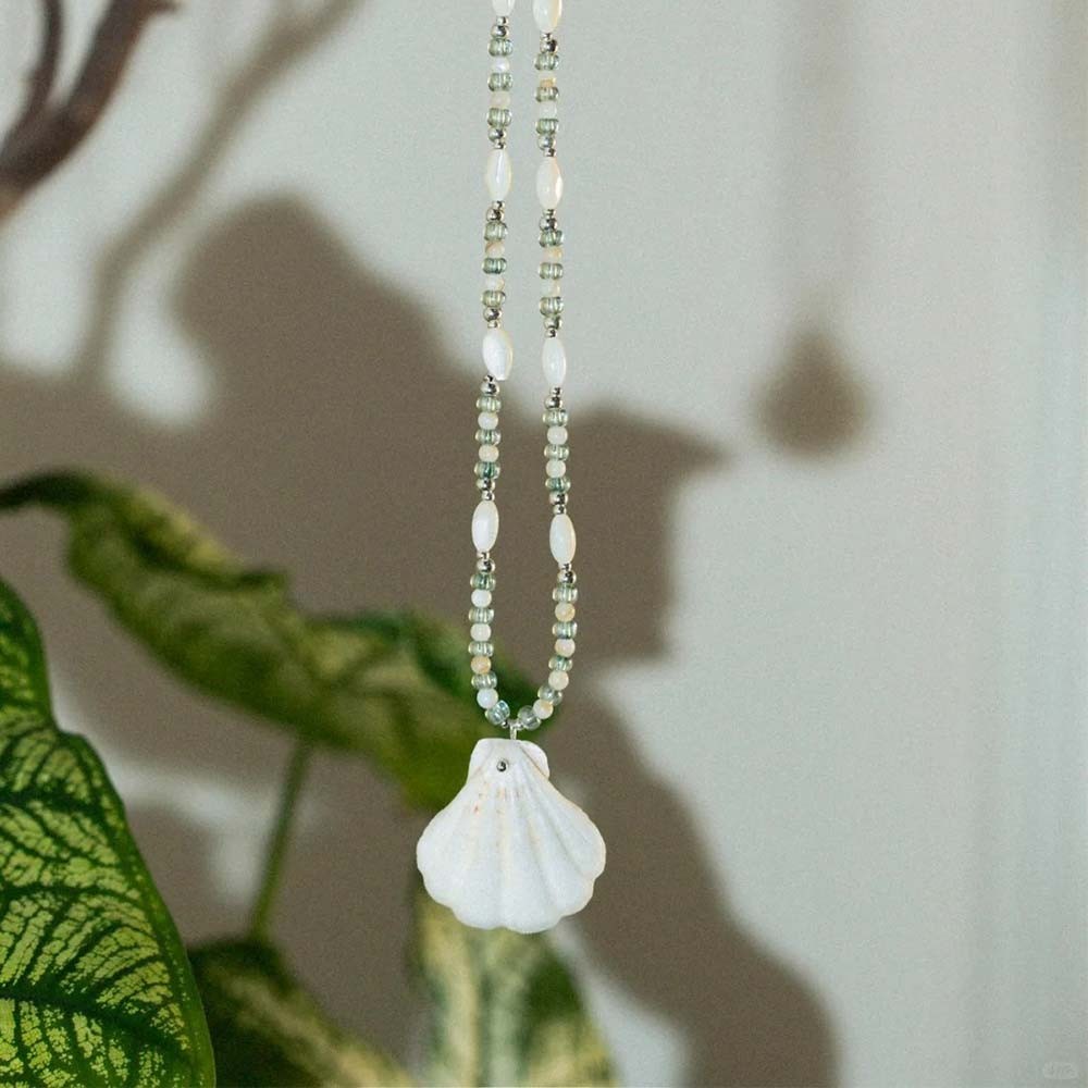 Sterling Silver Seashell Necklace – Natural Shell and Stone Pendant, Minimalist Summer Beach Jewelry, Gift for Women and Girls