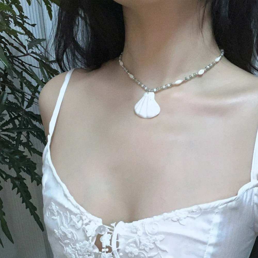Sterling Silver Seashell Necklace – Natural Shell and Stone Pendant, Minimalist Summer Beach Jewelry, Gift for Women and Girls