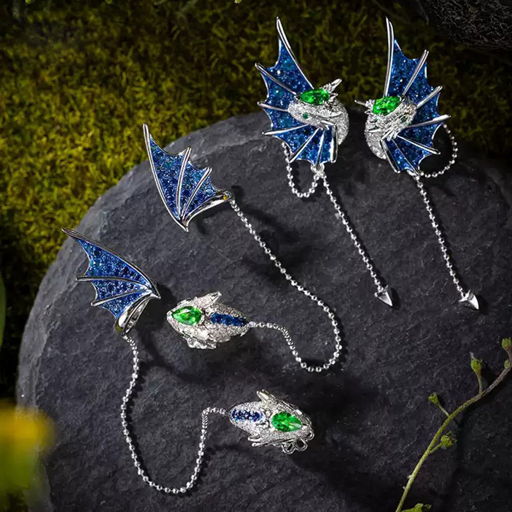 Fantasy Dragon Tassel Earring – 18K Gold Plated Silver Dangle Stud or Clip-On Ear Cuff, No Piercing Cartilage Jewelry for Women & Teens