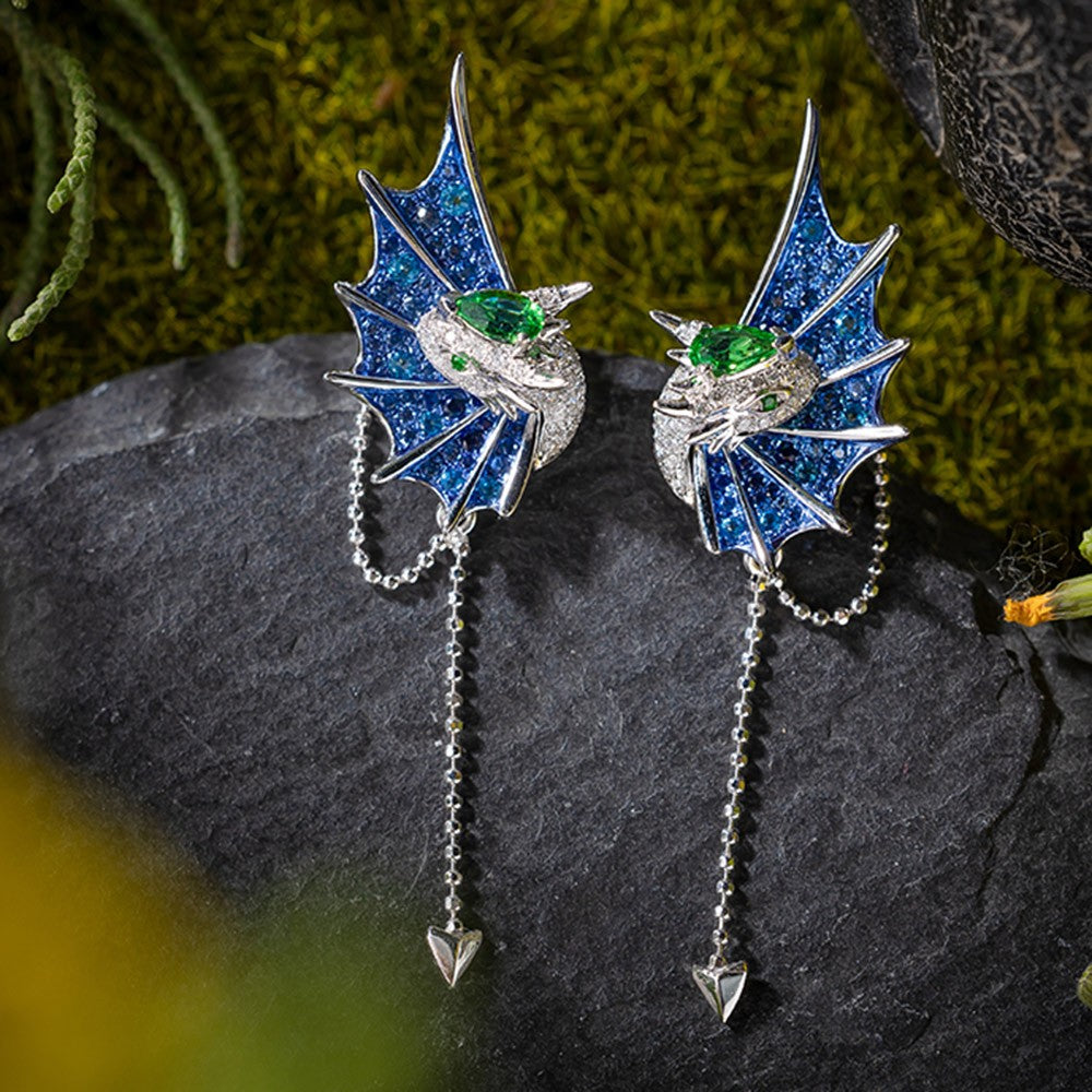 Fantasy Dragon Tassel Earring – 18K Gold Plated Silver Dangle Stud or Clip-On Ear Cuff, No Piercing Cartilage Jewelry for Women & Teens