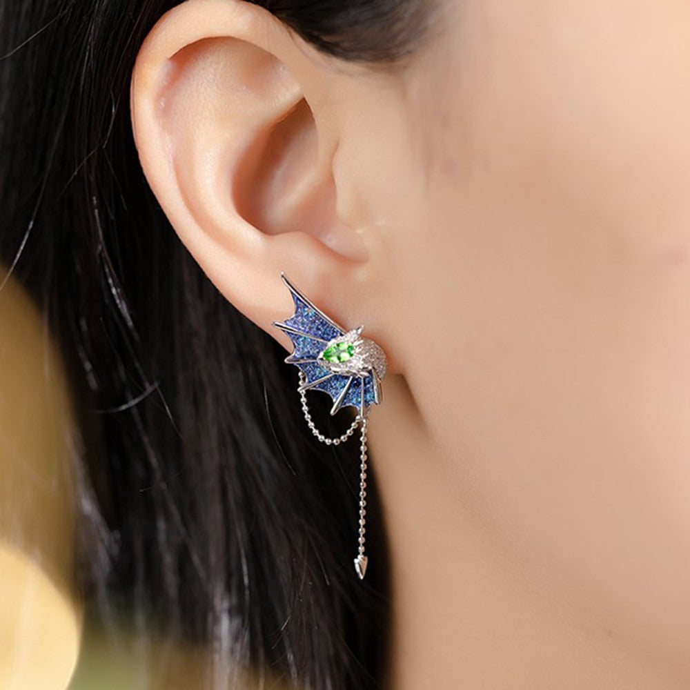 Fantasy Dragon Tassel Earring – 18K Gold Plated Silver Dangle Stud or Clip-On Ear Cuff, No Piercing Cartilage Jewelry for Women & Teens