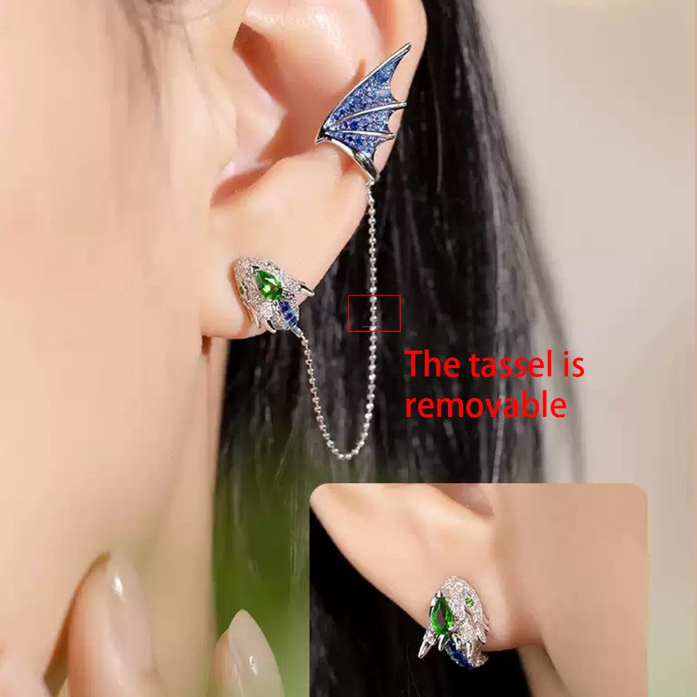 Fantasy Dragon Tassel Earring – 18K Gold Plated Silver Dangle Stud or Clip-On Ear Cuff, No Piercing Cartilage Jewelry for Women & Teens