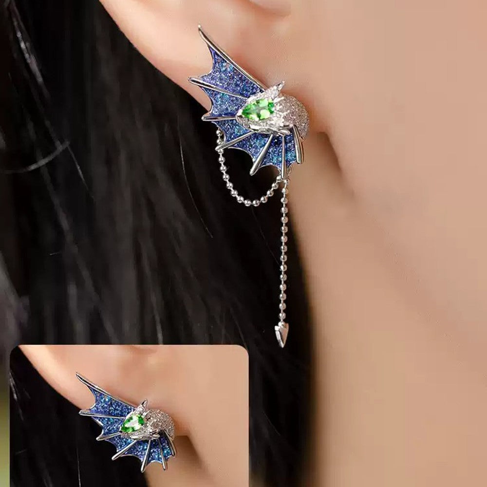 Fantasy Dragon Tassel Earring – 18K Gold Plated Silver Dangle Stud or Clip-On Ear Cuff, No Piercing Cartilage Jewelry for Women & Teens