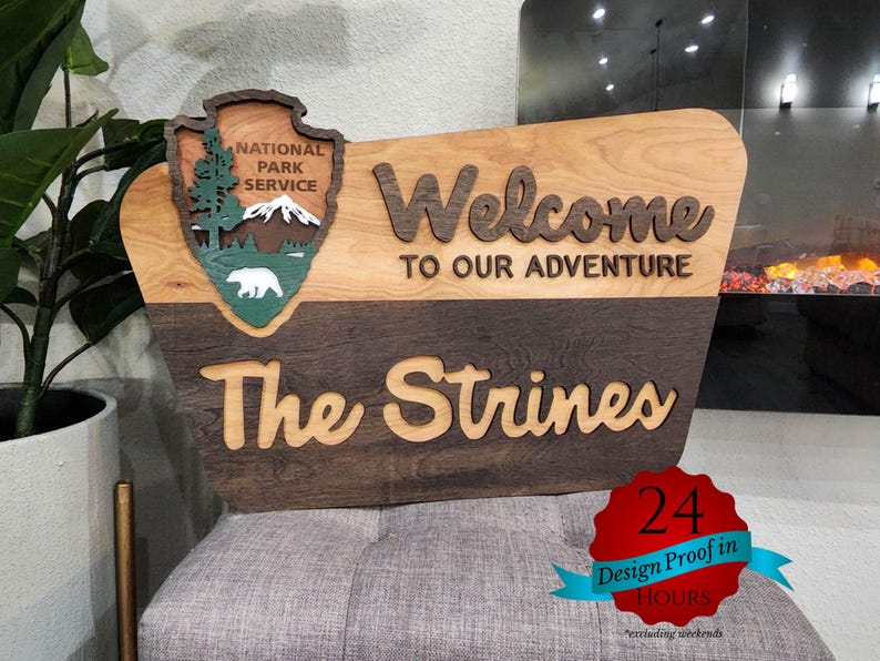 National Park Welcome Sign - family name sign, custom national park sign layered laser cut & engraved, national park wedding sign