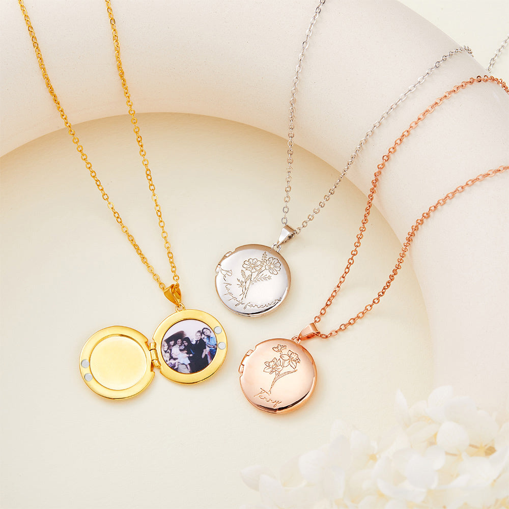 Personalized Birth Flower Locket Necklace with Memorial Photo, Custom Name Engraved Sterling Silver Necklace for Women, Gift for Mom/Grandma/Family