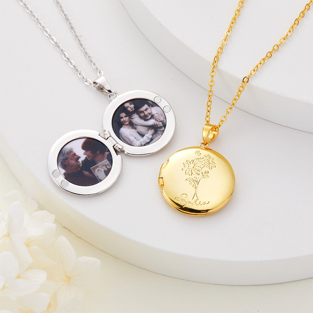 Personalized Birth Flower Locket Necklace with Memorial Photo, Custom Name Engraved Sterling Silver Necklace for Women, Gift for Mom/Grandma/Family
