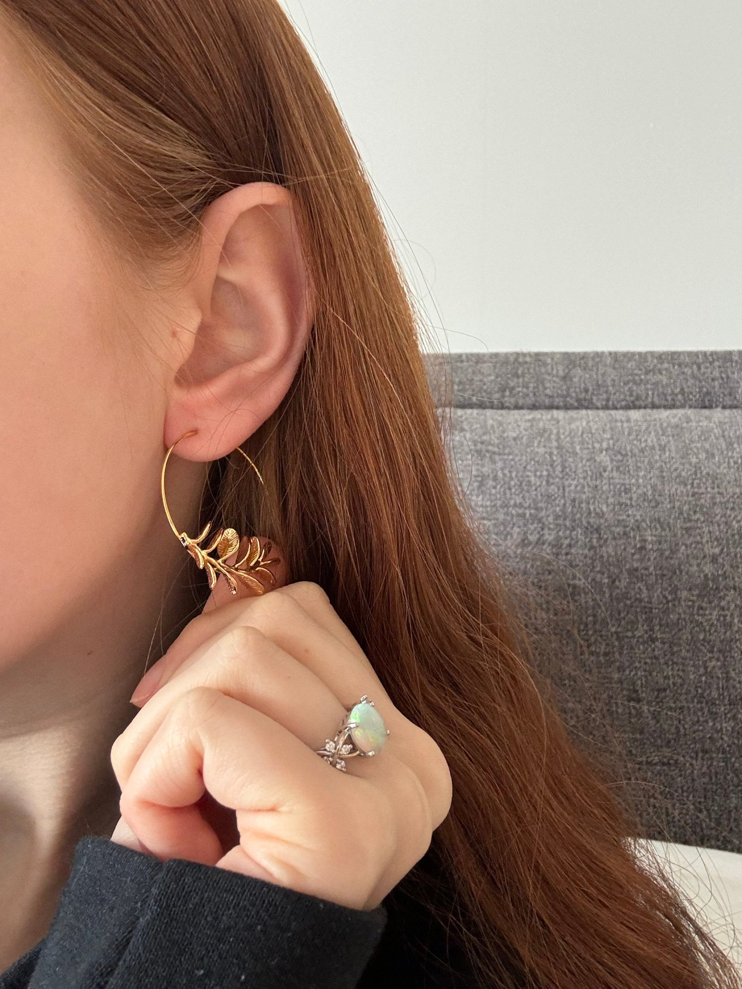 Rosemary Leaf Hoop Earrings, Gold Silver Leaf Hoop Earrings, Realistic Twig Branch Earrings, Gift for Best Friend, 30th Birthday Gift