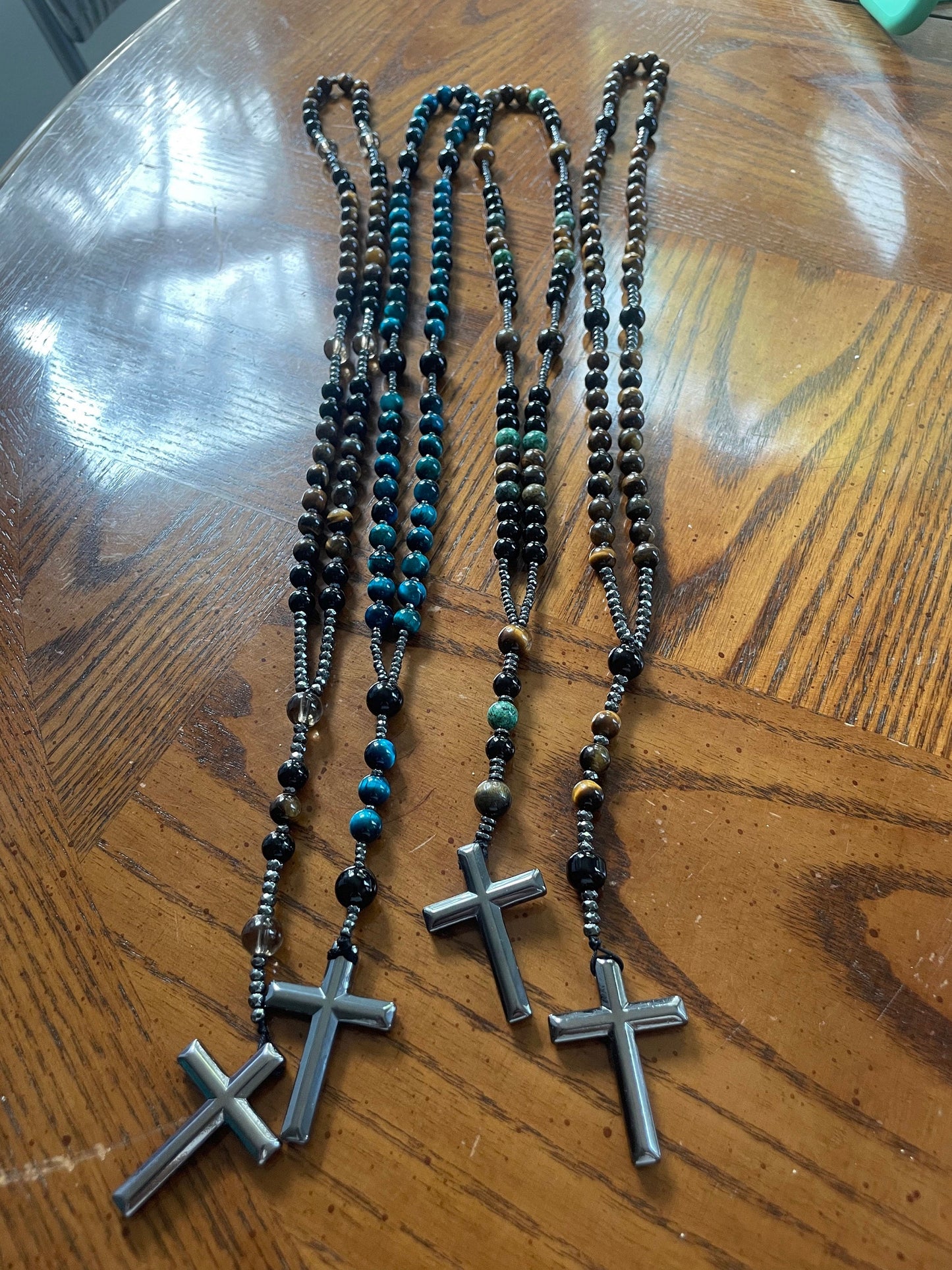 Natural Obsidian Tiger's Eye Rosary Necklace - Hematite Stone Cross Pendant Necklace Protection Necklace Amulet Gift for her, gift for him