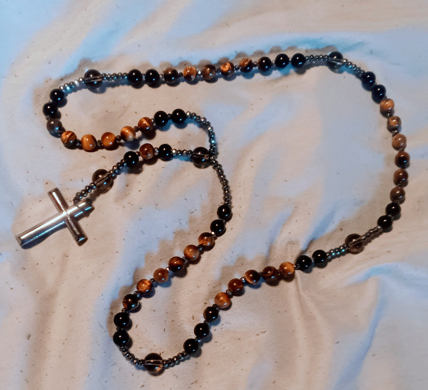 Natural Obsidian Tiger's Eye Rosary Necklace - Hematite Stone Cross Pendant Necklace Protection Necklace Amulet Gift for her, gift for him