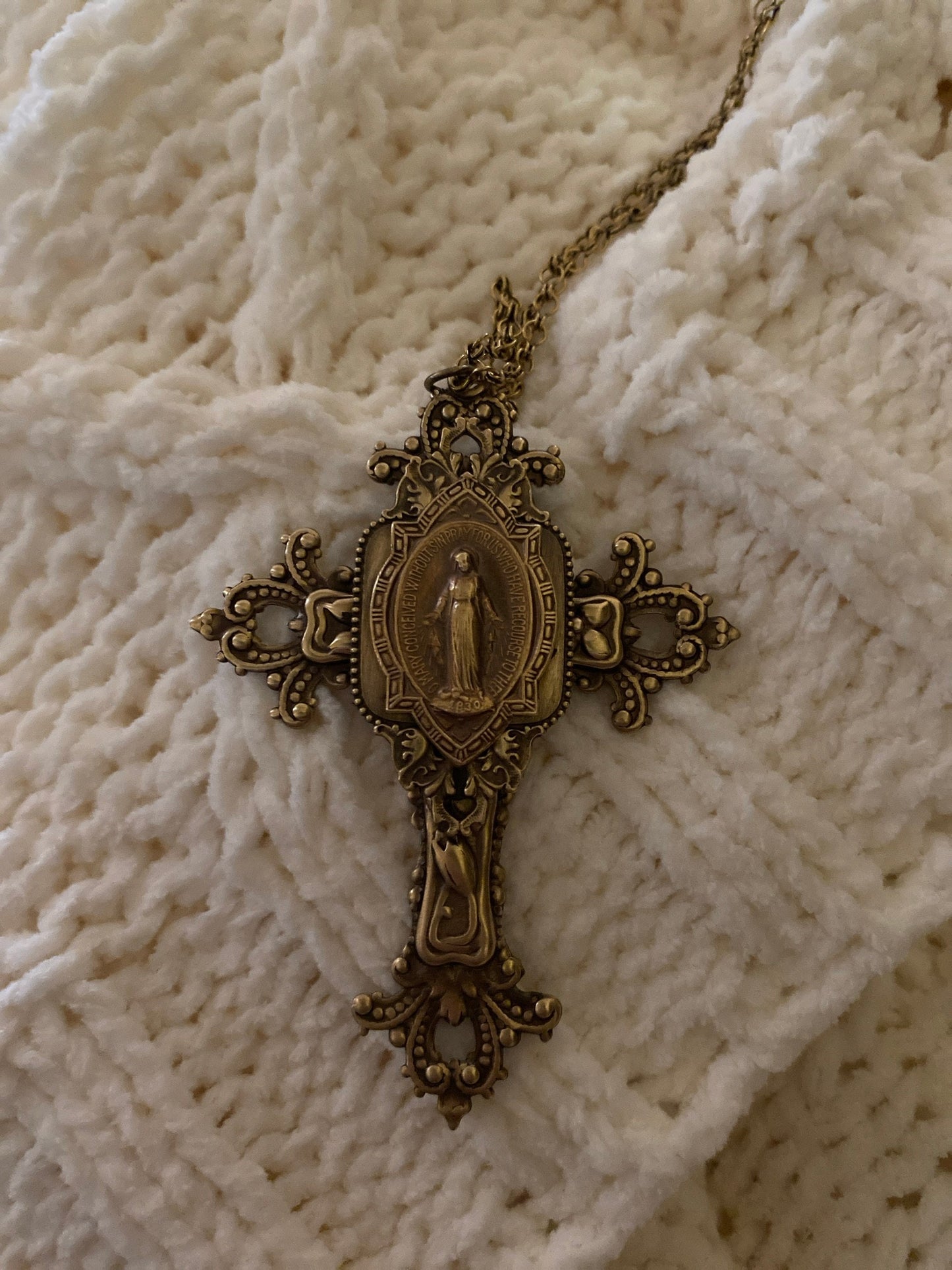 Vintage Jewelry - Large Cross Necklace - Mother Mary Necklace - Catholic Necklace - Brass Statement Necklace - Chloe's Vintage Jewelry