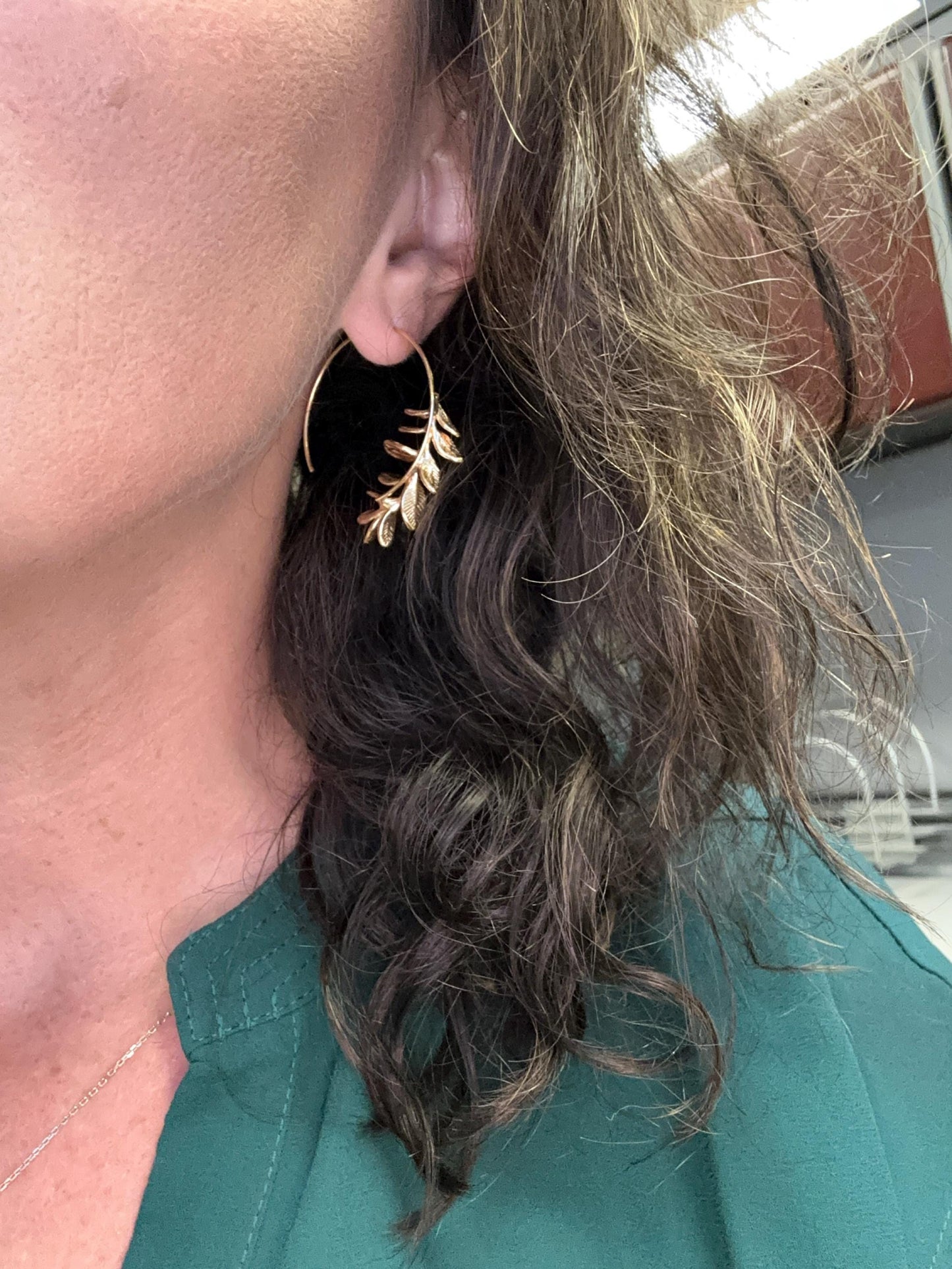Rosemary Leaf Hoop Earrings, Gold Silver Leaf Hoop Earrings, Realistic Twig Branch Earrings, Gift for Best Friend, 30th Birthday Gift