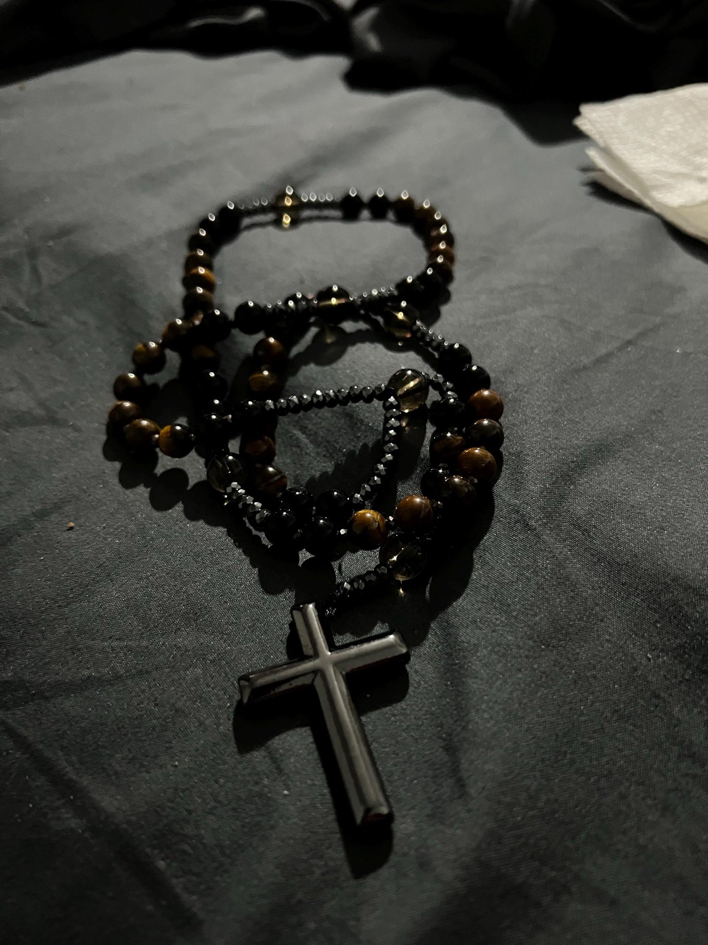 Natural Obsidian Tiger's Eye Rosary Necklace - Hematite Stone Cross Pendant Necklace Protection Necklace Amulet Gift for her, gift for him