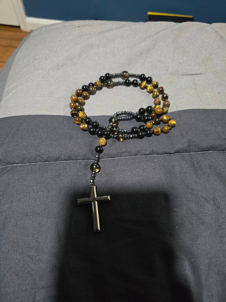 Natural Obsidian Tiger's Eye Rosary Necklace - Hematite Stone Cross Pendant Necklace Protection Necklace Amulet Gift for her, gift for him