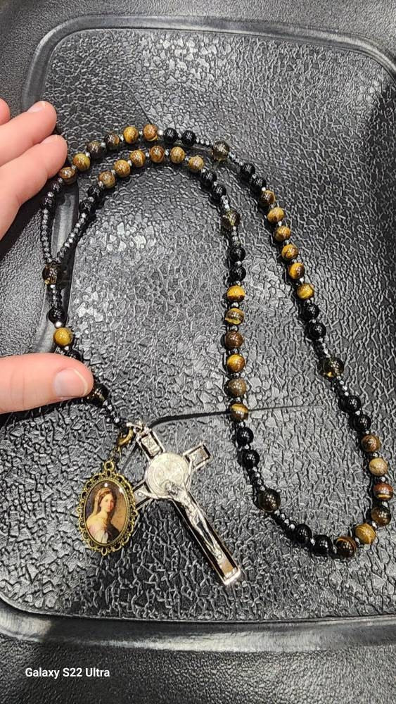 Natural Obsidian Tiger's Eye Rosary Necklace - Hematite Stone Cross Pendant Necklace Protection Necklace Amulet Gift for her, gift for him
